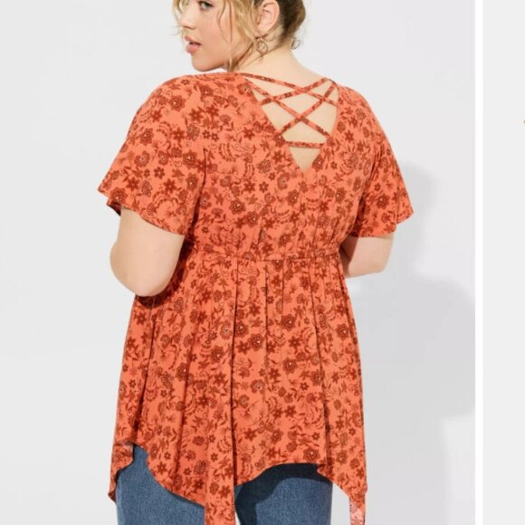 Torrid Babydoll Challis Sharkbite Flutter Sleeve Top Lulu Floral Ginger Size 2X - Picture 2 of 13